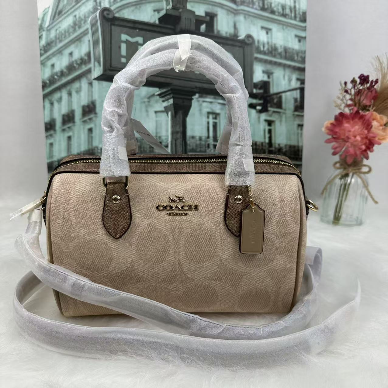 Coach CY679 Rowan Satchel Bag In Blocked Signature Canvas in Sand/Tan